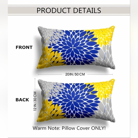 Snycler Navy Blue & Yellow Dahlia Pillow Covers, 12x20” Set of 2 - Picture 5 of 7